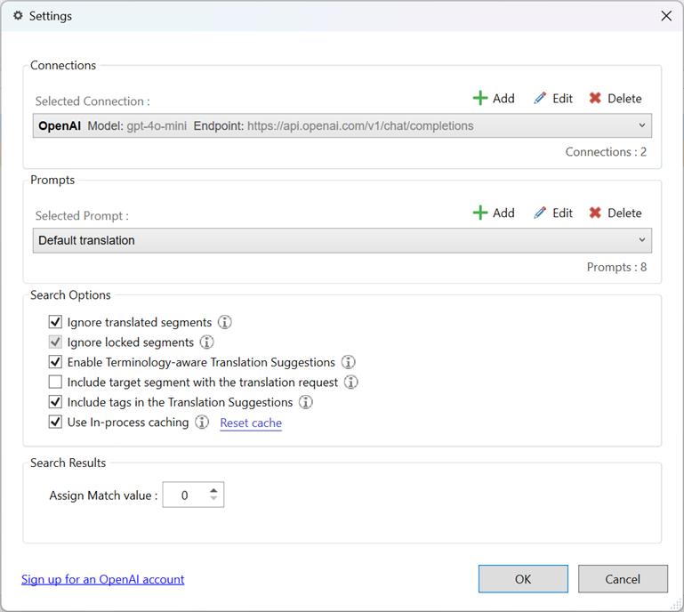 Screenshot of SDL Trados settings window with OpenAI connection selected, showing various checked options such as 'Ignore translated segments' and 'Include tags in the Translation Suggestions'.