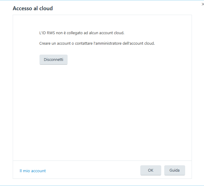 Error message in Italian on a cloud access screen stating the RWS ID is not linked to any cloud account, with options to disconnect or manage the account.