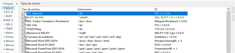 Trados Studio file types list showing STL (Spruce) with extension '.stl' and STL v1.1.0.0 selected.