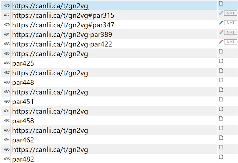 Screenshot of Trados Studio showing segments 476 to 496. Segments include hyperlinks and text, with some hyperlinks missing the sharp symbol and replaced by spaces.