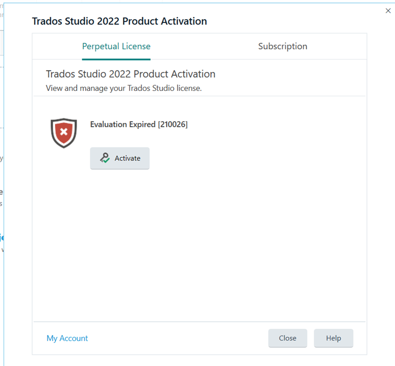 Screenshot of Trados Studio 2022 Product Activation window showing an error message 'Evaluation Expired 210026' with an Activate button.