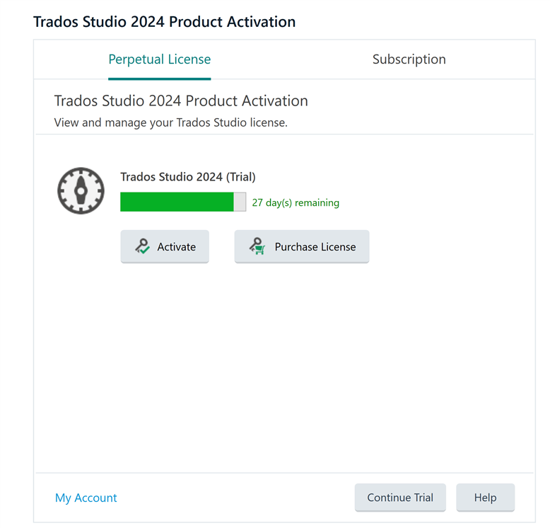 Trados Studio 2024 Product Activation screen showing a trial version with 27 days remaining, with options to activate or purchase a license.