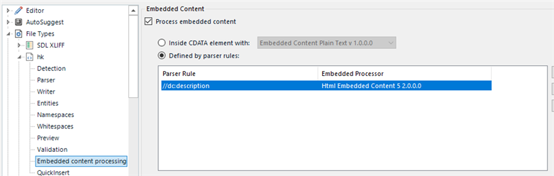 Embedded Content settings in Trados Studio with 'Process embedded content' checked and 'dc:description' rule linked to 'Html Embedded Content 5.20.0.0' processor.