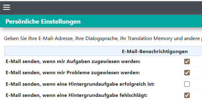 Screenshot of the 'Pers nliche Einstellungen' page in WorldServer, showing email notification settings with checkboxes for tasks, issues, successful background tasks, and failed background tasks.