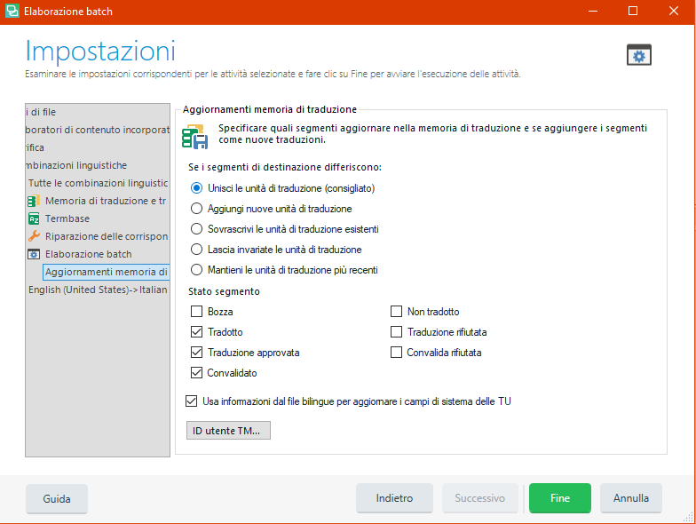 Trados Studio Batch Processing settings with options for updating translation memory and segment statuses.