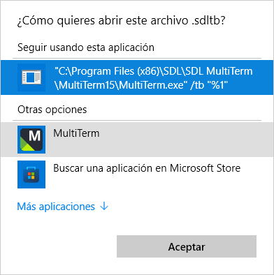 Windows dialog message asking about the application to open an .sdltb file, and suggesting a Multiterm15 application.