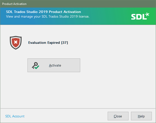SDL Trados Studio 2019 Product Activation window showing an error message 'Evaluation Expired 37' with an 'Activate' button and 'Close' and 'Help' options at the bottom.