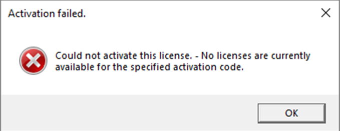 Error message in Trados Studio activation window saying 'Activation failed. Could not activate this license. - No licenses are currently available for the specified activation code.' with an OK button.