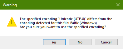Screenshot warning of the change from Baltic (Windows) endoding.