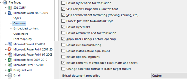 Trados Studio 2021 interface showing File Types expanded with Microsoft Word 2007-2019 selected and Common section expanded. 'Extract document properties' option highlighted with Custom selected from dropdown.