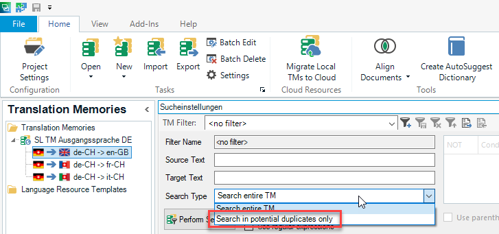 Screenshot of Trados Studio Ideas Translation Memories tab showing a dropdown menu with 'Search in potential duplicates only' option selected.