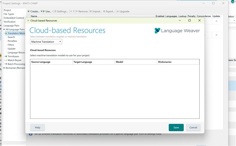 Screenshot of Trados 2024 Project Settings window with Cloud-based Resources tab open, showing Language Weaver option without any error messages.