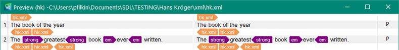 Screenshot of Trados Studio preview pane showing two segments of text. The left side displays source text with HTML tags 'strong' and 'em', and the right side shows the translated text with the same formatting.