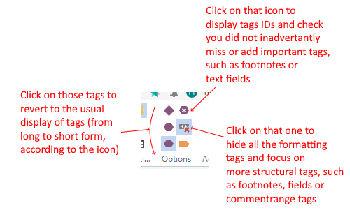 Screenshot showing icons in Trados Studio ribbon to toggle tag display modes, with annotations explaining their functions.