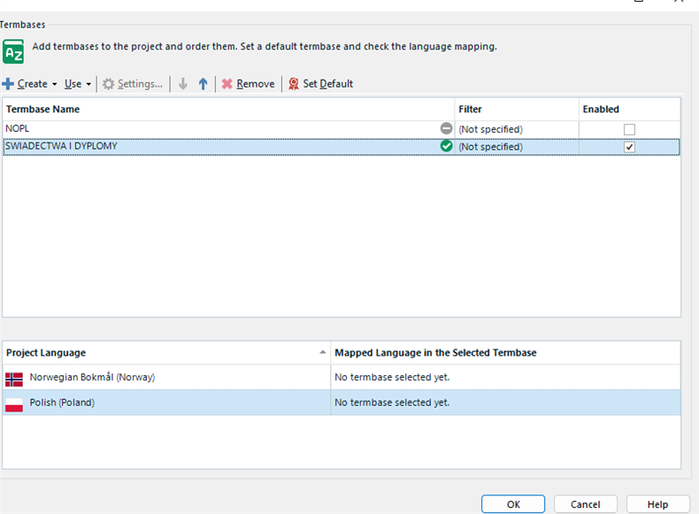 Trados Studio termbases management window with 'SWIADECTWA I DYPLOMY' termbase selected but no termbase enabled for the project languages.