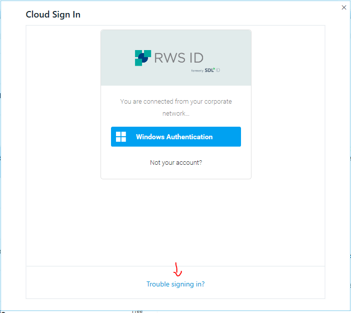 Cloud Sign In window with RWS ID logo, 'Windows Authentication' button, and 'Trouble signing in?' link.