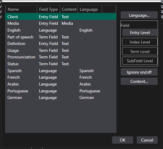 Screenshot of SDL Trados Studio TermBase Definition window showing various term base fields such as 'Client', 'Media', and languages including English, Spanish, and German.