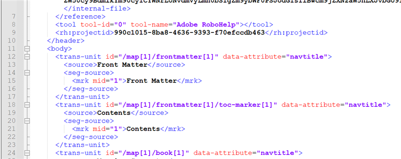 Image showing XLIFF file content with trans-unit elements for 'Front Matter' and 'Contents' with 'navtitle' data attributes.