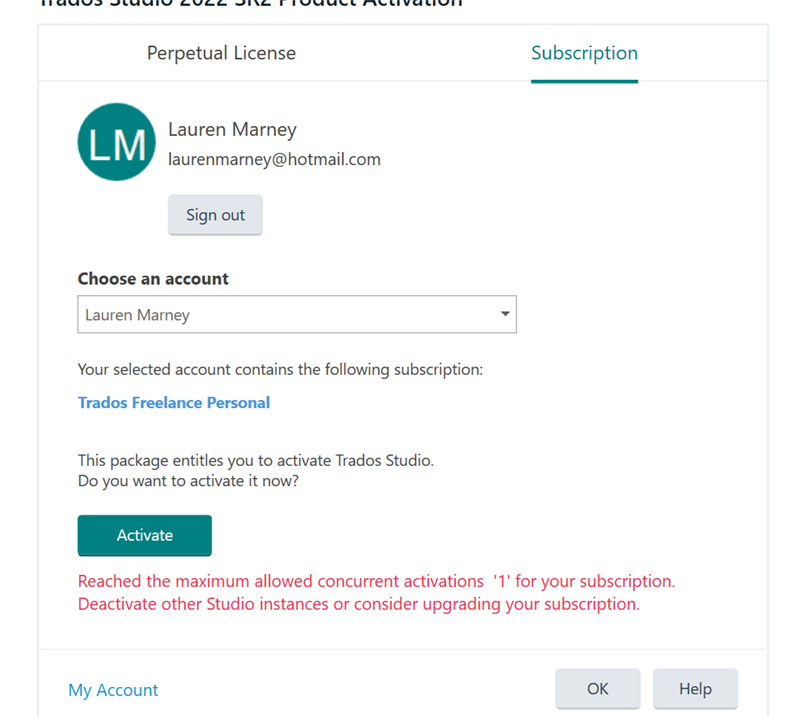 Trados Studio 2022 SK2 Product Activation window showing a Perpetual License under the name Lauren Marney with an error message stating 'Reached the maximum allowed concurrent activations '1' for your subscription. Deactivate other Studio instances or consider upgrading your subscription.'