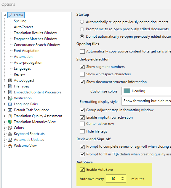 Screenshot of Trados Studio Options menu with Editor settings expanded. Highlighted settings include 'Enable AutoSave' checked and 'Autosave every' set to 10 minutes.