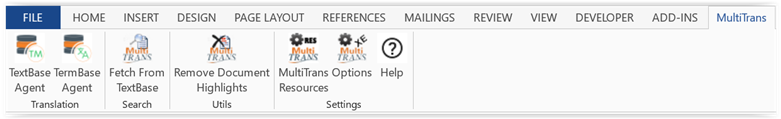 Trados Studio ribbon with MultiTrans menu showing options for TextBase Agent, TermBase Agent, Fetch From TextBase, and others.