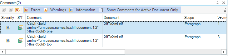 Trados Studio Comments window displaying two errors related to embedded content in XML comments.