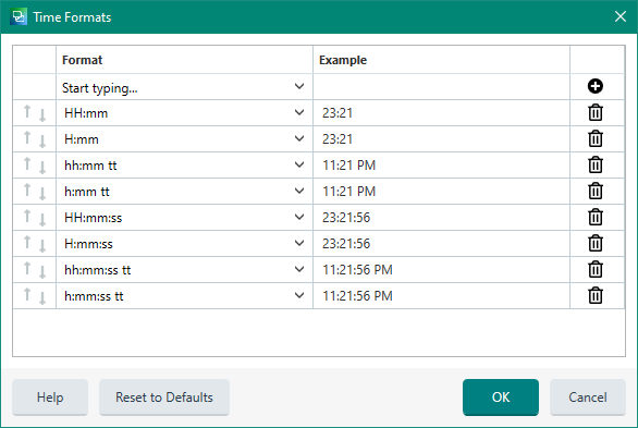 Trados Studio Time Formats dialog box showing various time format options with examples next to each format.