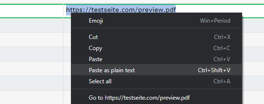 Context menu in Trados GroupShare editor showing 'Go to https:testseite.compreview.pdf' option with a ghost icon in front of the URL.