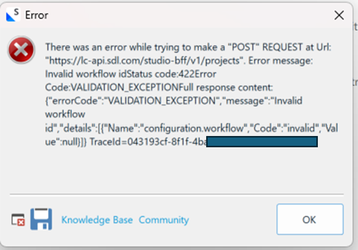 Error dialog box showing 'There was an error while trying to make a POST REQUEST' with details about an invalid workflow ID and a validation exception.