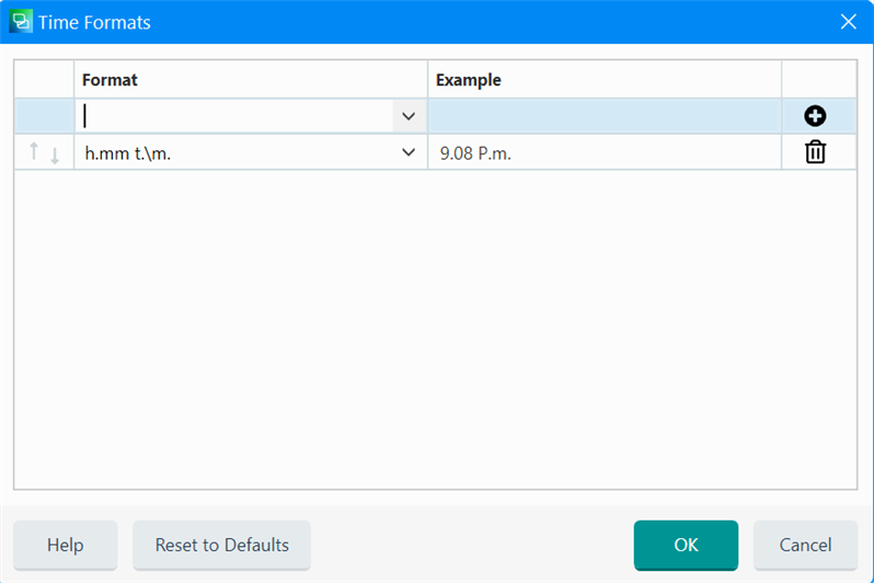 Trados Studio 2021 Time Formats dialog box showing a custom time format 'h.mm tm.' with an example output '9.08 P.m.' where 'P' is in uppercase.