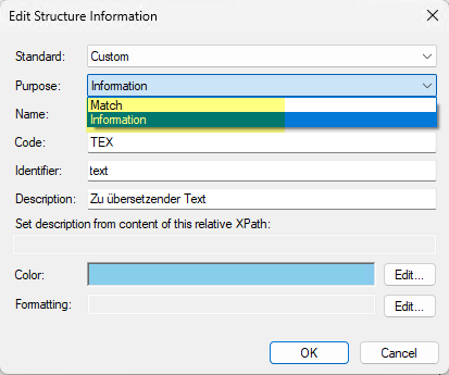 Edit Structure Information dialog box with 'Standard' set to 'Custom'. 'Purpose' dropdown menu is open showing options 'Information' and 'Match'. Other fields include 'Name', 'Code', 'Identifier', 'Description', and options to edit 'Color' and 'Formatting'.