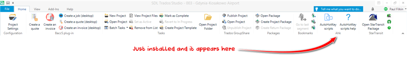 Trados Studio screenshot showing the Projects View in the Home Ribbon with a red arrow pointing to a newly installed plugin that appears in the Add-Ins tab.