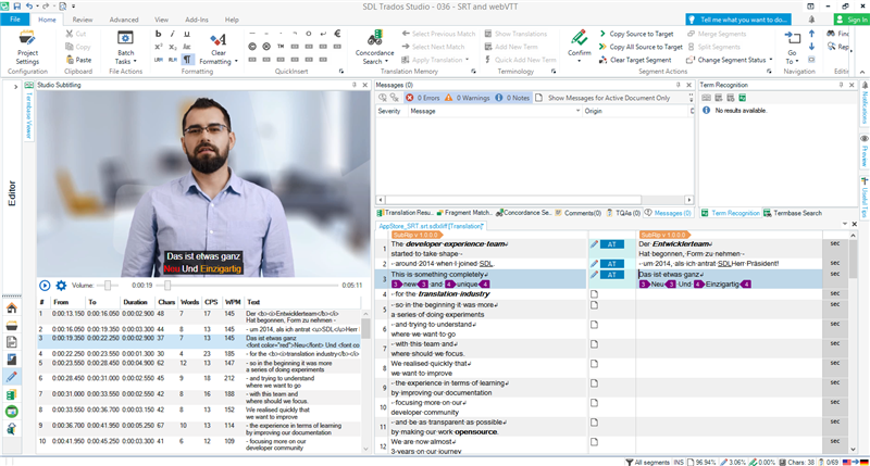 Screenshot of SDL Trados Studio interface with a video translation project open, showing a video playback window and a segment editor with German text.