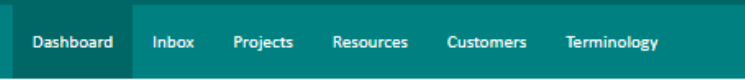 Screenshot of a web interface showing top menu items: Dashboard, Inbox, Projects, Resources, Customers, Terminology.