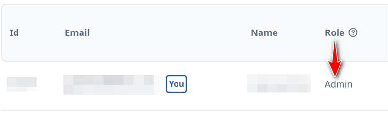 User account settings showing blurred email and name with 'You' label and an arrow pointing to the role 'Admin'.