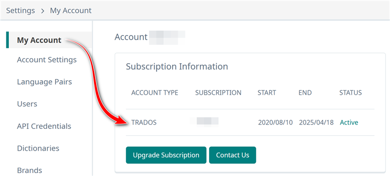 Account settings page with a red arrow pointing to 'TRADOS' under Account Type and buttons for 'Upgrade Subscription' and 'Contact Us'.