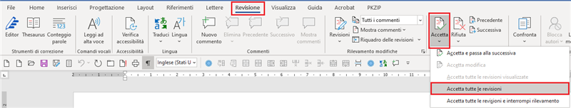 Screenshot of MS Word interface with the Review tab selected, showing the 'Accept' dropdown menu with options 'Accept and Move to Next', 'Accept All Changes Shown', and 'Accept All Changes'.