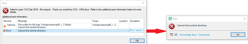 Error message in SDL Trados Studio stating 'Cannot find central directory' with a 'Show details' button and a red error icon.