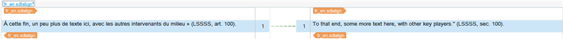 Trados Studio alignment view showing French to English translation with mismatched segmentation due to punctuation difference.