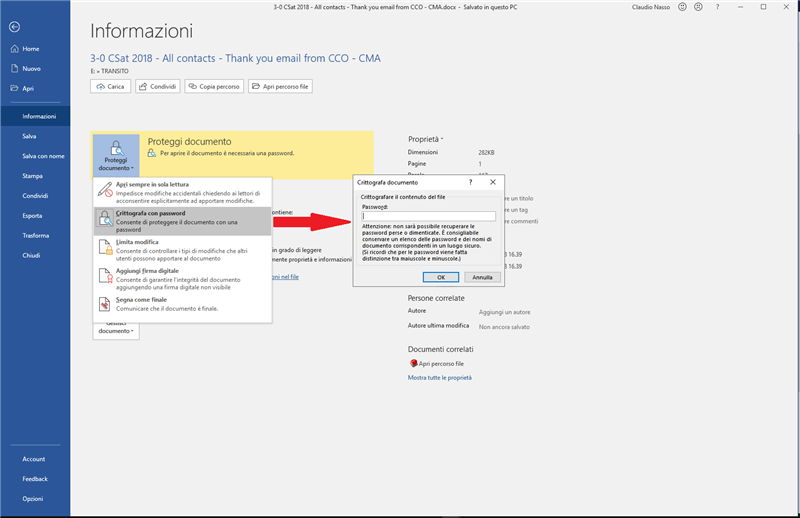 MS Word's 'Protect Document' pane showing the option to remove password encryption with a highlighted arrow pointing to the password field.