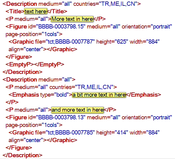 Screenshot of Trados Studio XML code with highlighted text showing parent elements containing country attributes and child elements for extraction.