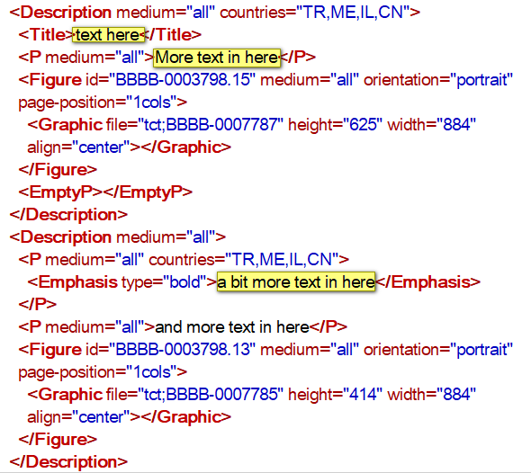 Close-up of Trados Studio XML code with highlighted sections indicating text for translation extraction, including country attributes and emphasis tags.