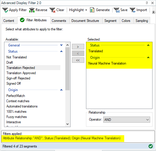 Screenshot of Trados Studio's Advanced Display Filter 2.0 with 'Status: Translated' and 'Origin: Neural Machine Translation' selected. Filters applied show 4 of 23 segments.