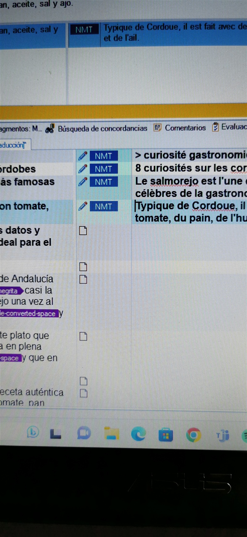 Screenshot of Trados Studio showing a segment in blue indicating it has not been saved, with NMT suggestions on the right side.