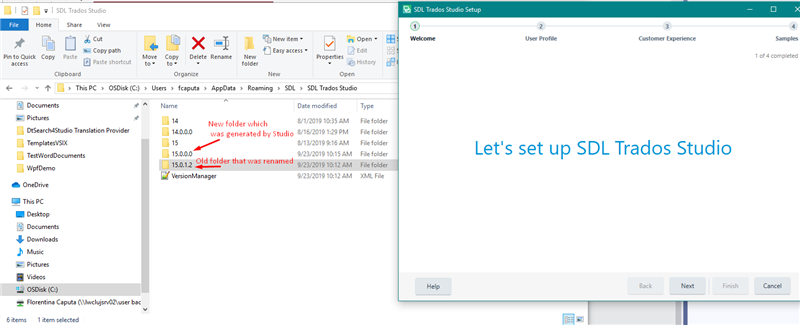 File Explorer window showing C: Users UserName AppData Roaming SDL SDL Trados Studio with a new folder 15.0.0.0 and a renamed folder 15.0.1.2_old.