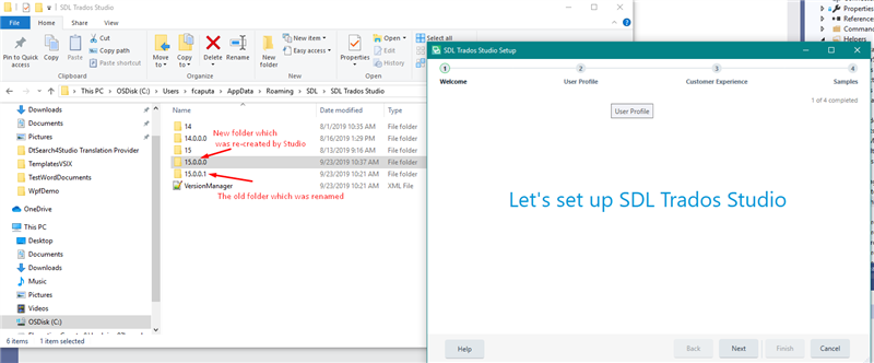 File Explorer window showing the renaming of SDL Trados Studio folder from 15.0.0.0 to 15.0.0.1 with a red arrow pointing to the new folder.