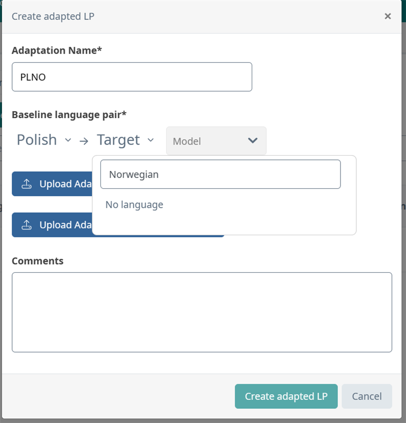 Trados Studio dialog box for creating adapted language pair with fields for Adaptation Name, Baseline language pair selection showing Polish to Target, and a dropdown menu open with options Norwegian and No language.