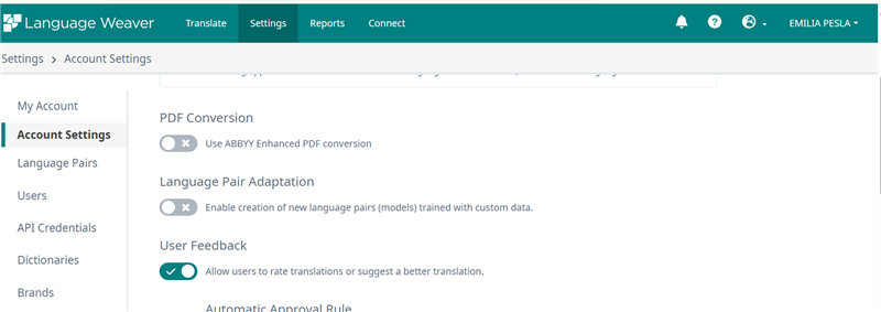 Language Weaver settings page showing PDF Conversion and Language Pair Adaptation options with User Feedback enabled.