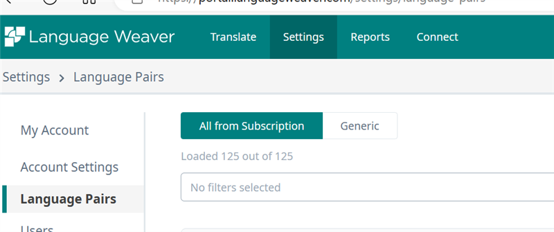 Trados Studio Language Weaver settings page showing Language Pairs tab with 'All from Subscription' selected and a message 'Loaded 125 out of 125' with no filters applied.