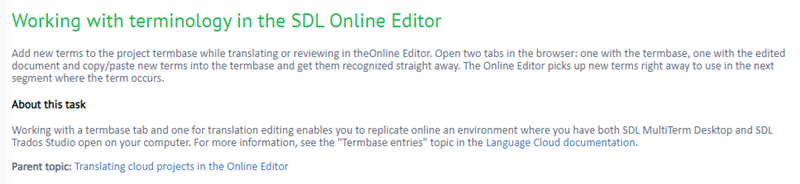 Screenshot of SDL Trados Studio webpage with instructions on working with terminology in the SDL Online Editor. It suggests opening two tabs for editing and termbase access.